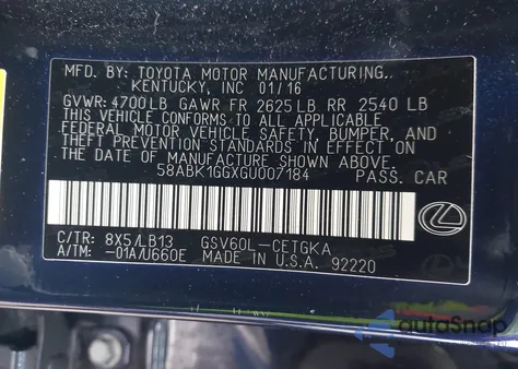 2016 Lexus Es 350 из США, поврежденный, VIN 58ABK1GGXGU007184